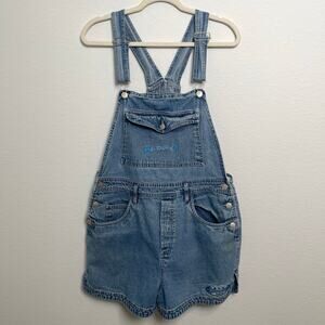 Vintage B.U.M Equipment Denim Overalls Shorts Blue Embroidered Logo 90s Size L